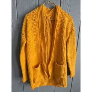 Vintage Hand Knit Chunky Cardigan Sweater Mustard Yellow Open Front Pockets